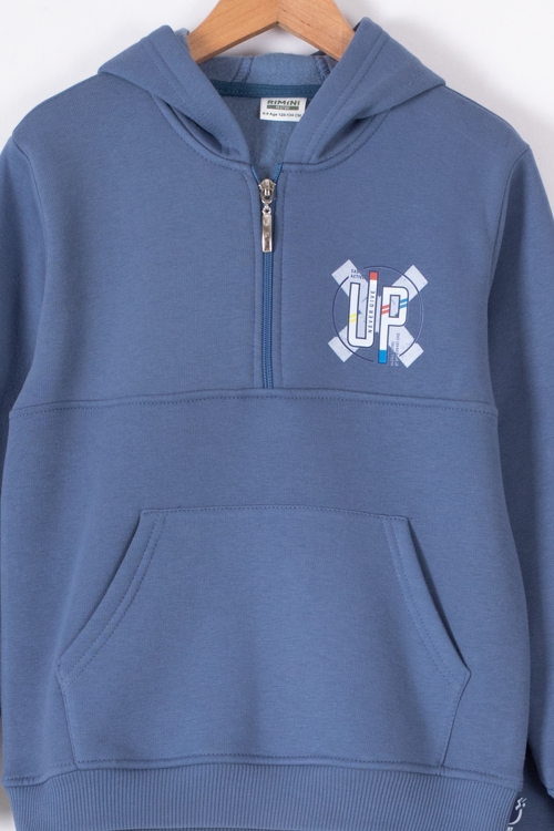 Mavi Fermuarlı Yaka Kapüşonlu Erkek Çocuk Şardonlu Eşofman Takımı 19621