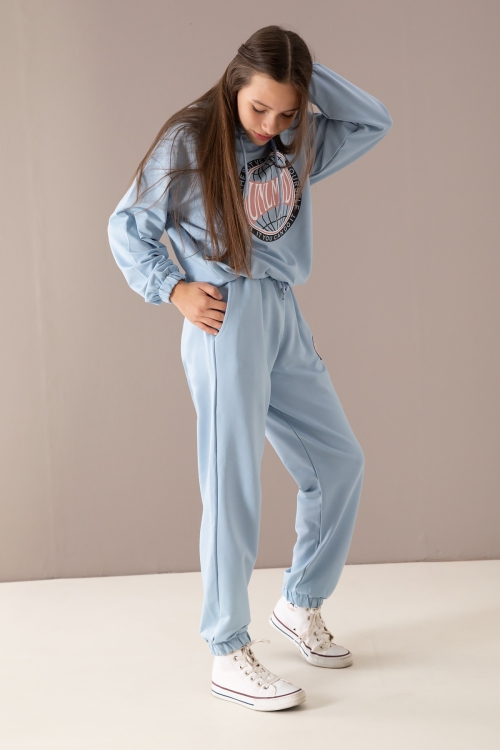 Mavi Göğsü Logo Baskılı Kapüşonlu Kız Eşofman Takımı 19760