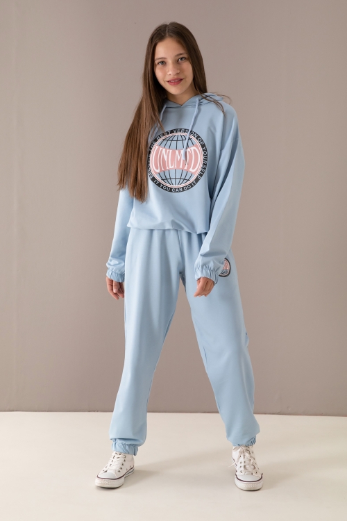 Mavi Göğsü Logo Baskılı Kapüşonlu Kız Eşofman Takımı 19760