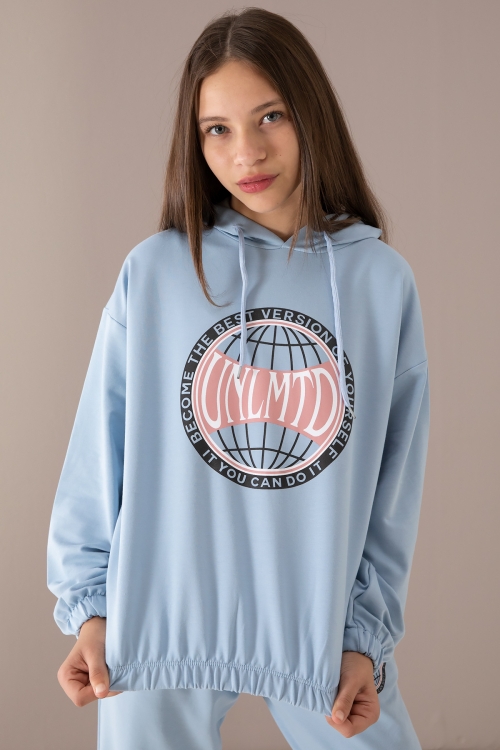 Mavi Göğsü Logo Baskılı Kapüşonlu Kız Eşofman Takımı 19760