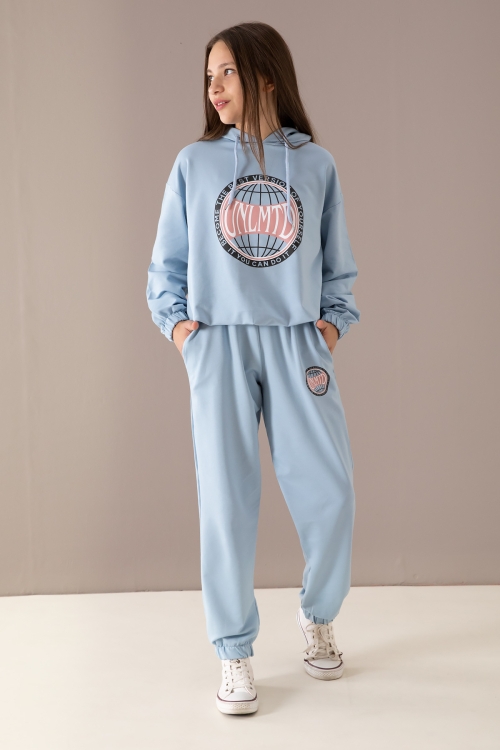 Mavi Göğsü Logo Baskılı Kapüşonlu Kız Eşofman Takımı 19760