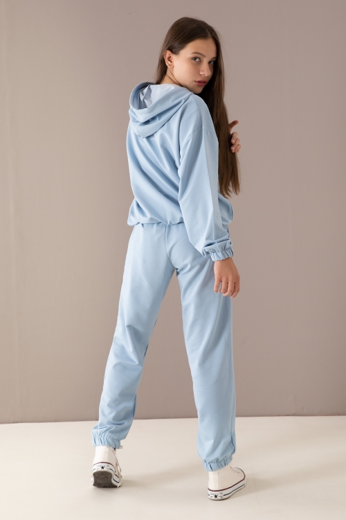 Mavi Göğsü Logo Baskılı Kapüşonlu Kız Eşofman Takımı 19760