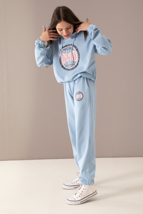 Mavi Göğsü Logo Baskılı Kapüşonlu Kız Eşofman Takımı 19760