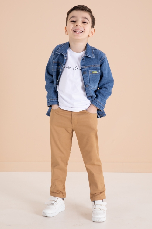 Mavi Jean Gömlekli Yazı Baskılı Tişörtlü Erkek Çocuk Pantolonlu 3lü Takım