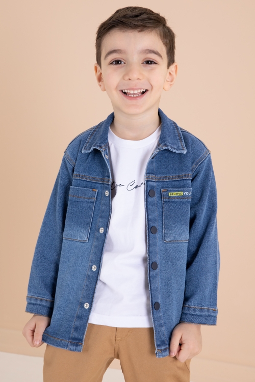 Mavi Jean Gömlekli Yazı Baskılı Tişörtlü Erkek Çocuk Pantolonlu 3lü Takım