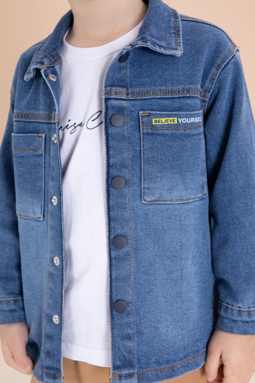 Mavi Jean Gömlekli Yazı Baskılı Tişörtlü Erkek Çocuk Pantolonlu 3lü Takım