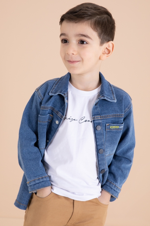 Mavi Jean Gömlekli Yazı Baskılı Tişörtlü Erkek Çocuk Pantolonlu 3lü Takım