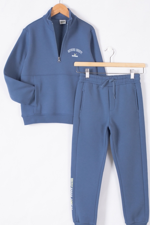 Mavi Kanguru Cepli Fermuar Yaka Erkek Çocuk Şardonlu Eşofman Takım 19615