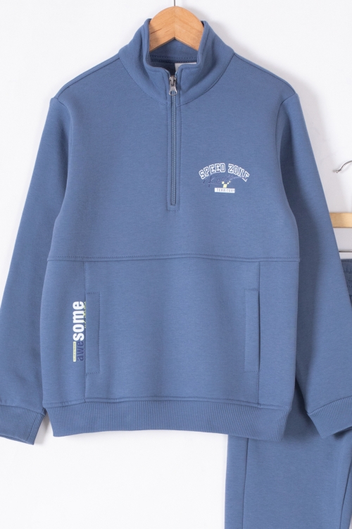 Mavi Kanguru Cepli Fermuar Yaka Erkek Çocuk Şardonlu Eşofman Takım 19615