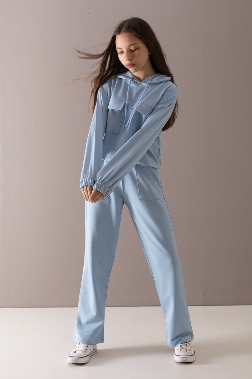 Mavi Kapaklı Cepli Kapüşonlu Kız Çocuk Eşofman Takımı 19782