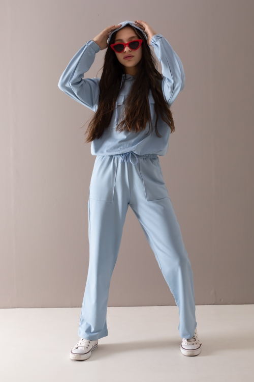 Mavi Kapaklı Cepli Kapüşonlu Kız Çocuk Eşofman Takımı 19782
