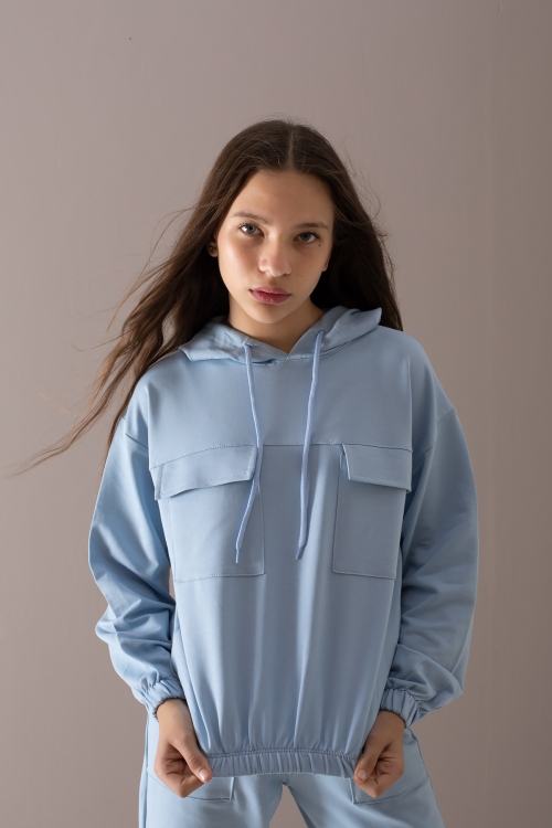 Mavi Kapaklı Cepli Kapüşonlu Kız Çocuk Eşofman Takımı 19782