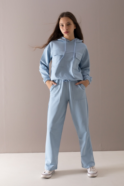 Mavi Kapaklı Cepli Kapüşonlu Kız Çocuk Eşofman Takımı 19782
