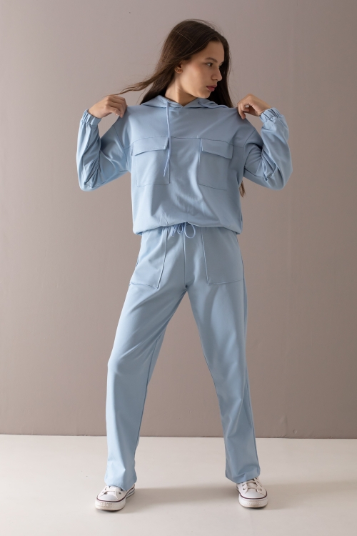Mavi Kapaklı Cepli Kapüşonlu Kız Çocuk Eşofman Takımı 19782