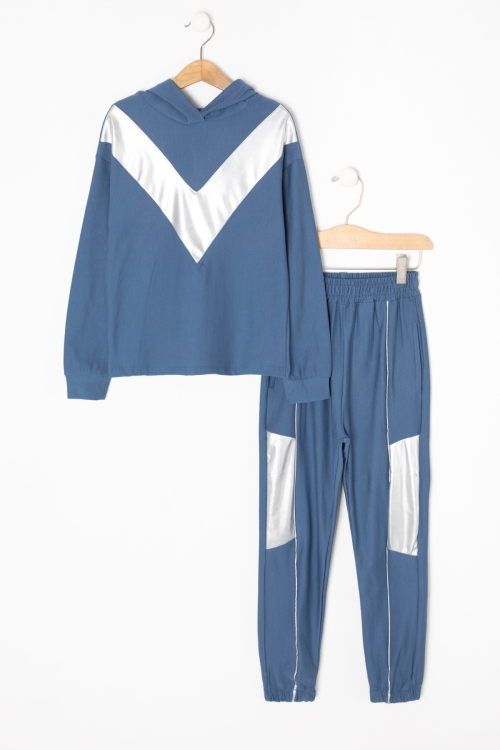 Mavi Reflektör Şeritli Kapüşonlu Kız Çocuk Eşofman Takımı 16320