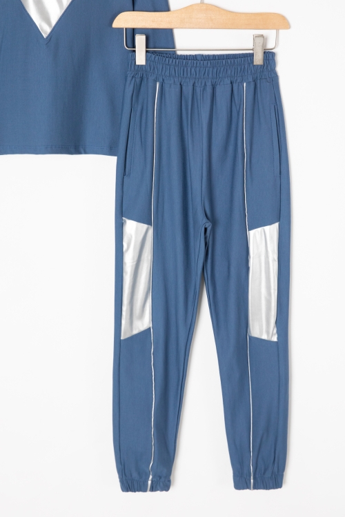 Mavi Reflektör Şeritli Kapüşonlu Kız Çocuk Eşofman Takımı 16320