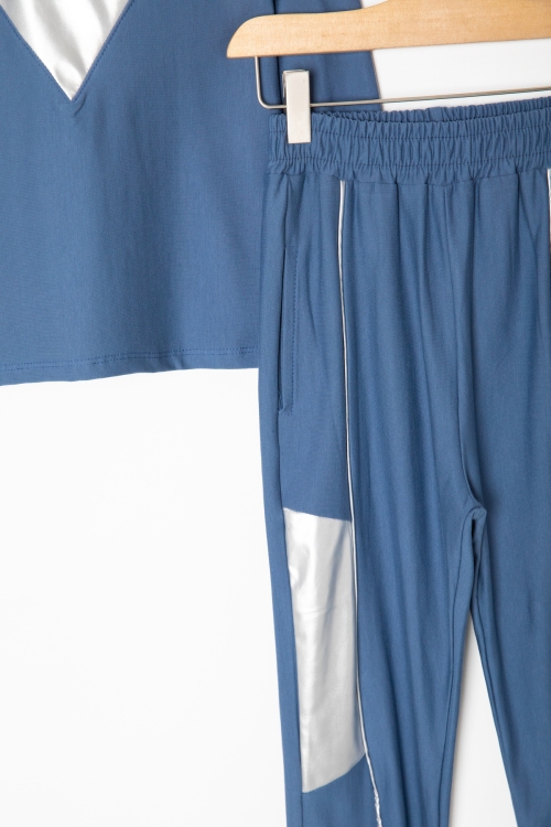 Mavi Reflektör Şeritli Kapüşonlu Kız Çocuk Eşofman Takımı 16320