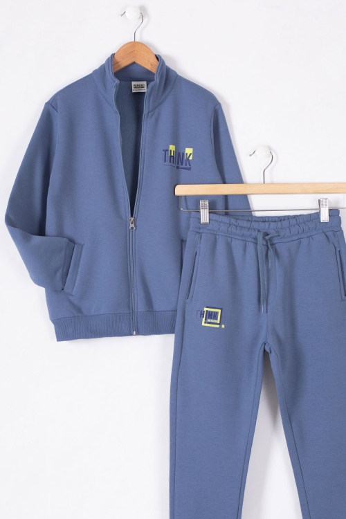 Mavi Yazı Baskılı Hırkalı Erkek Çocuk Şardonlu Eşofman Takımı 19627