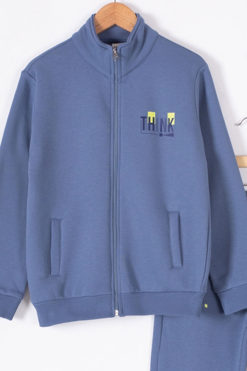 Mavi Yazı Baskılı Hırkalı Erkek Çocuk Şardonlu Eşofman Takımı 19627