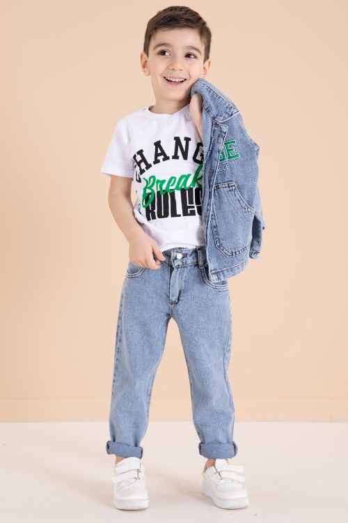 Mavi Yazı Nakışlı Ceketli 3lü Erkek Çocuk Jean Takım 20000