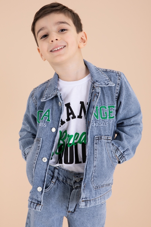 Mavi Yazı Nakışlı Ceketli 3lü Erkek Çocuk Jean Takım 20000