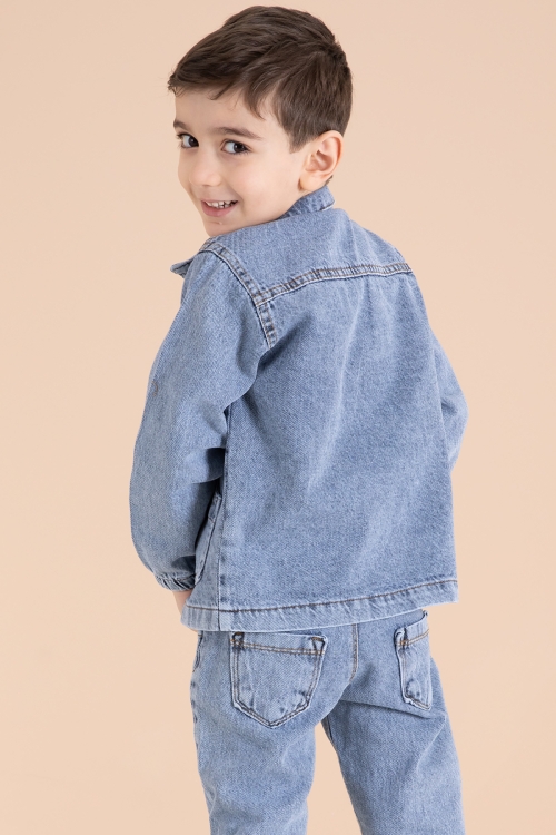 Mavi Yazı Nakışlı Ceketli 3lü Erkek Çocuk Jean Takım 20000