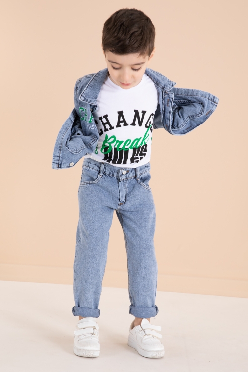 Mavi Yazı Nakışlı Ceketli 3lü Erkek Çocuk Jean Takım 20000