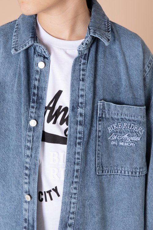 Mavi Yazı Nakışlı Jean Gömlekli ve Tişörtlü Erkek Çocuk 2li Takım 20033