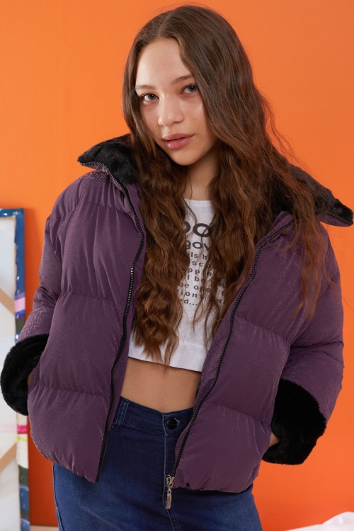 Mor Dik Yaka Kolu Kürk Detaylı Kız Çocuk Şişme Mont 19507