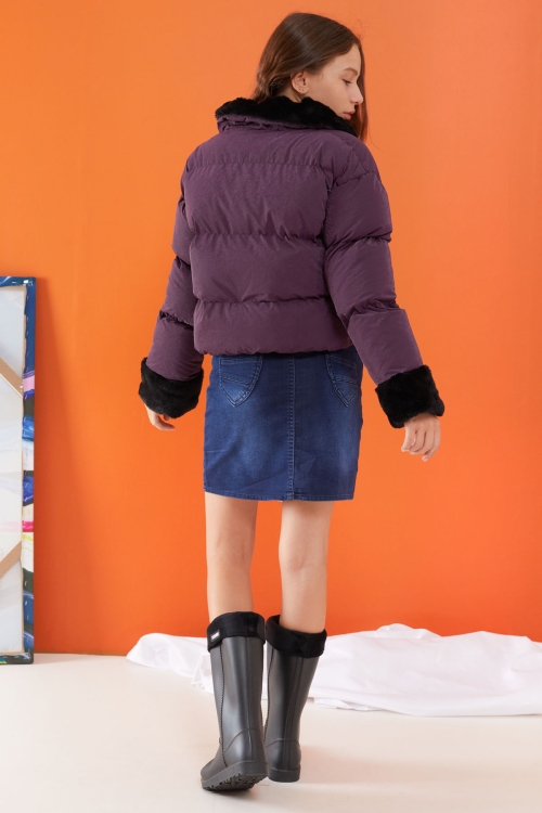 Mor Dik Yaka Kolu Kürk Detaylı Kız Çocuk Şişme Mont 19507