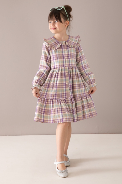 Mor Ekose Desenli Düğmeli Uzun Kol Kız Çocuk Elbise 19809