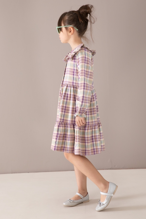 Mor Ekose Desenli Düğmeli Uzun Kol Kız Çocuk Elbise 19809