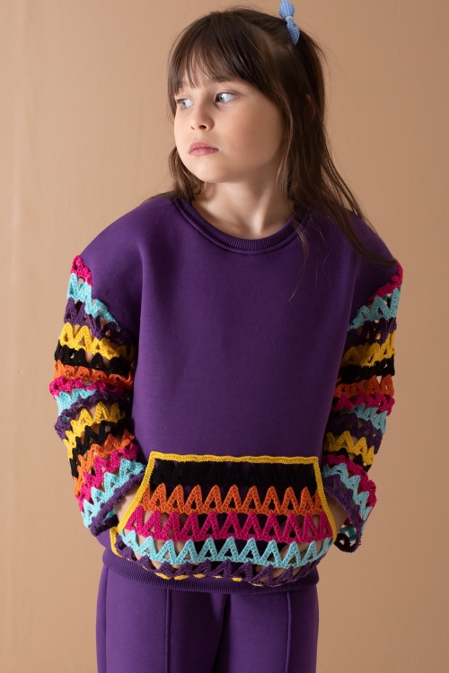 Mor Kolları Dantel Bisiklet Yaka Kız Çocuk Şardonlu Eşofman Takımı 19699