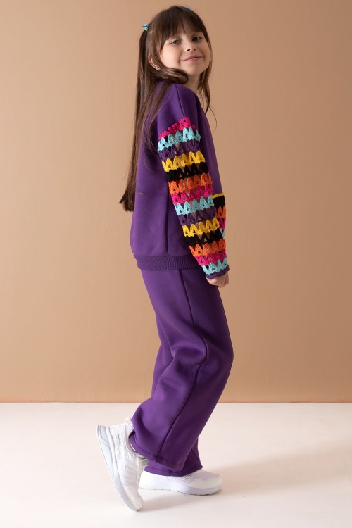 Mor Kolları Dantel Bisiklet Yaka Kız Çocuk Şardonlu Eşofman Takımı 19699
