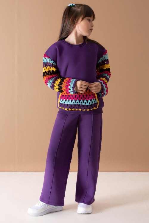 Mor Kolları Dantel Bisiklet Yaka Kız Çocuk Şardonlu Eşofman Takımı 19699