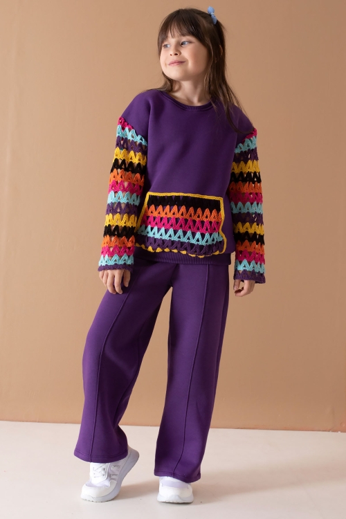 Mor Kolları Dantel Bisiklet Yaka Kız Çocuk Şardonlu Eşofman Takımı 19699