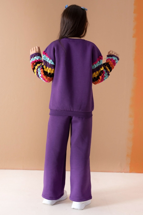 Mor Kolları Dantel Bisiklet Yaka Kız Çocuk Şardonlu Eşofman Takımı 19699