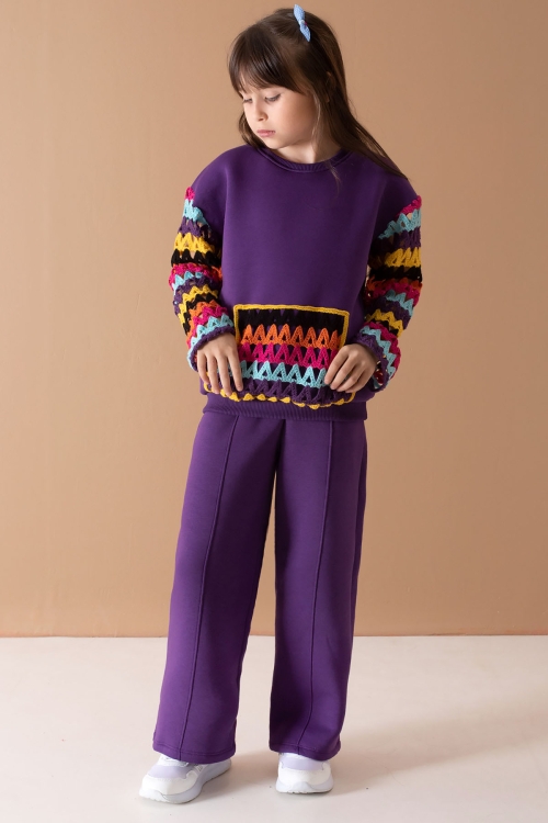 Mor Kolları Dantel Bisiklet Yaka Kız Çocuk Şardonlu Eşofman Takımı 19699