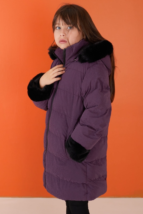 Mor Kolu Kürk Detaylı Kapüşonlu Kız Çocuk Şişme Mont 19510