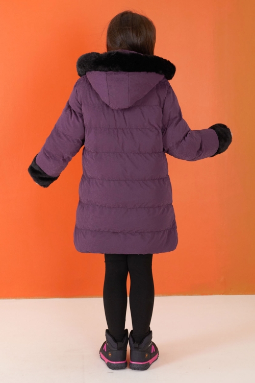 Mor Kolu Kürk Detaylı Kapüşonlu Kız Çocuk Şişme Mont 19510