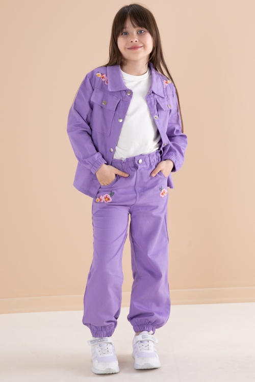 Mor Nakış Detaylı Gömlekli Pantolonlu Kız Çocuk 3lü Takım 20160