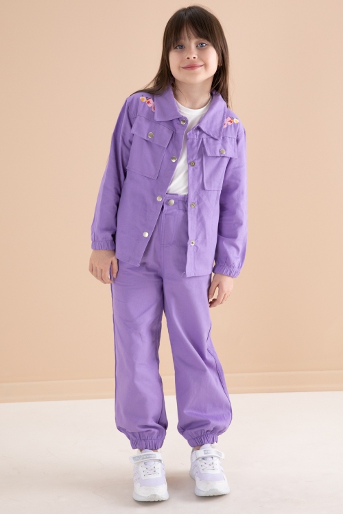 Mor Nakış Detaylı Gömlekli Pantolonlu Kız Çocuk 3lü Takım 20160