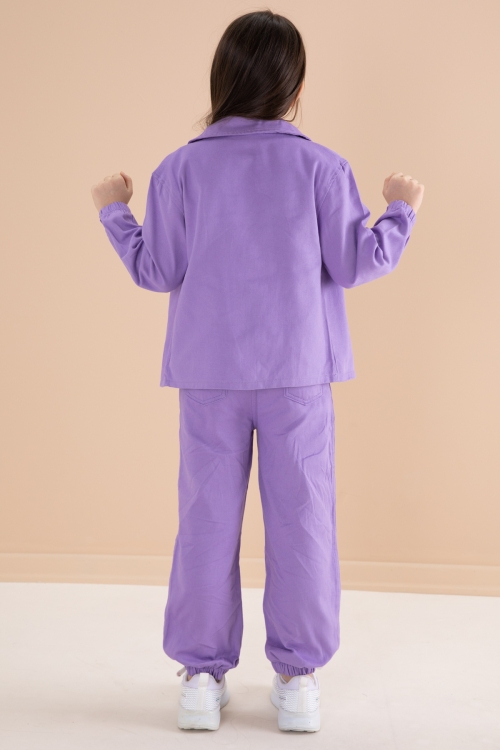 Mor Nakış Detaylı Gömlekli Pantolonlu Kız Çocuk 3lü Takım 20160