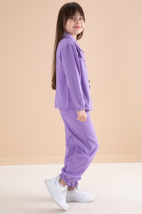 Mor Nakış Detaylı Gömlekli Pantolonlu Kız Çocuk 3lü Takım 20160