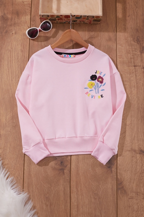 Pembe Çiçek Nakışlı Bisiklet Yaka Kız Çocuk Sweatshirt 19651