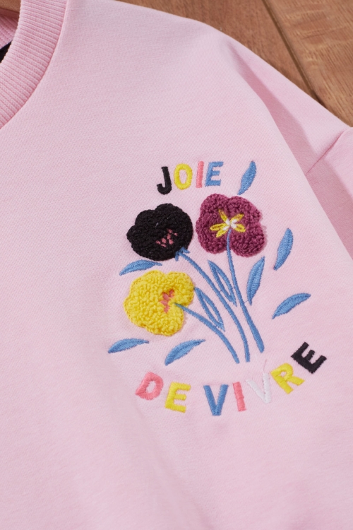 Pembe Çiçek Nakışlı Bisiklet Yaka Kız Çocuk Sweatshirt 19651