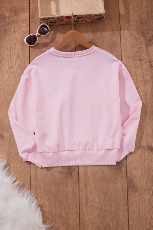 Pembe Çiçek Nakışlı Bisiklet Yaka Kız Çocuk Sweatshirt 19651