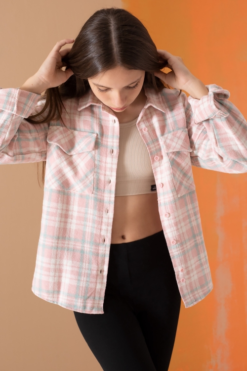 Pembe Çizgi Desenli Kapaklı Cepli Kız Çocuk Oduncu Gömlek 19684