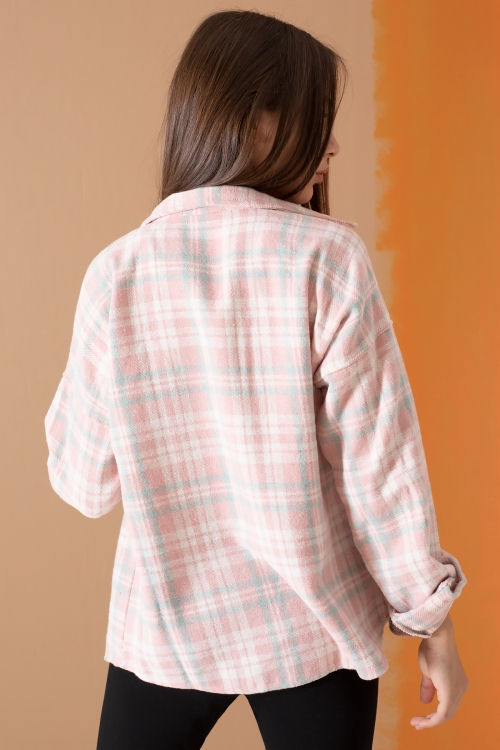 Pembe Çizgi Desenli Kapaklı Cepli Kız Çocuk Oduncu Gömlek 19684