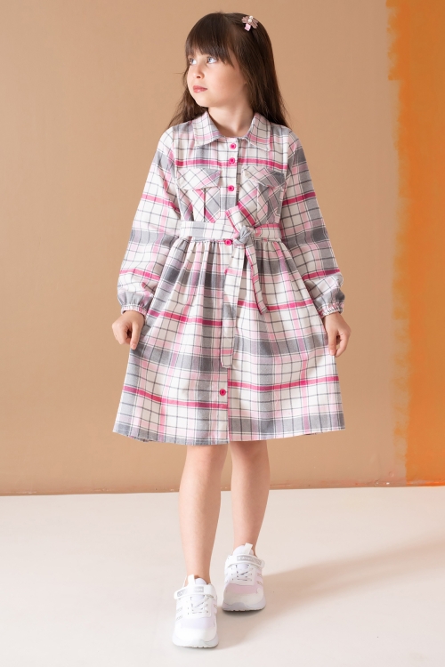 Pembe Çizgi Desenli Kuşaklı Uzun Kol Kız Çocuk Elbise 19687